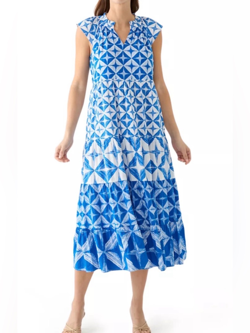 NEW Wonderly Cap Sleeve Tiered Printed Maxi Dress XL Blue White Star Geo Boho
